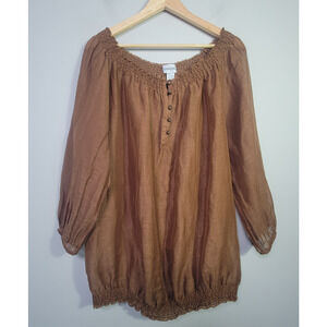Chicos Womens 3 Linen Silk Sheer Peasant Blouse Brown Smocked